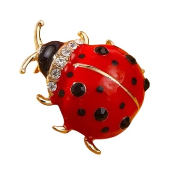 Cute Lady Bug Ladybug Brooch Red & Black Enamel with Crystal Accents - Picture 1 of 2